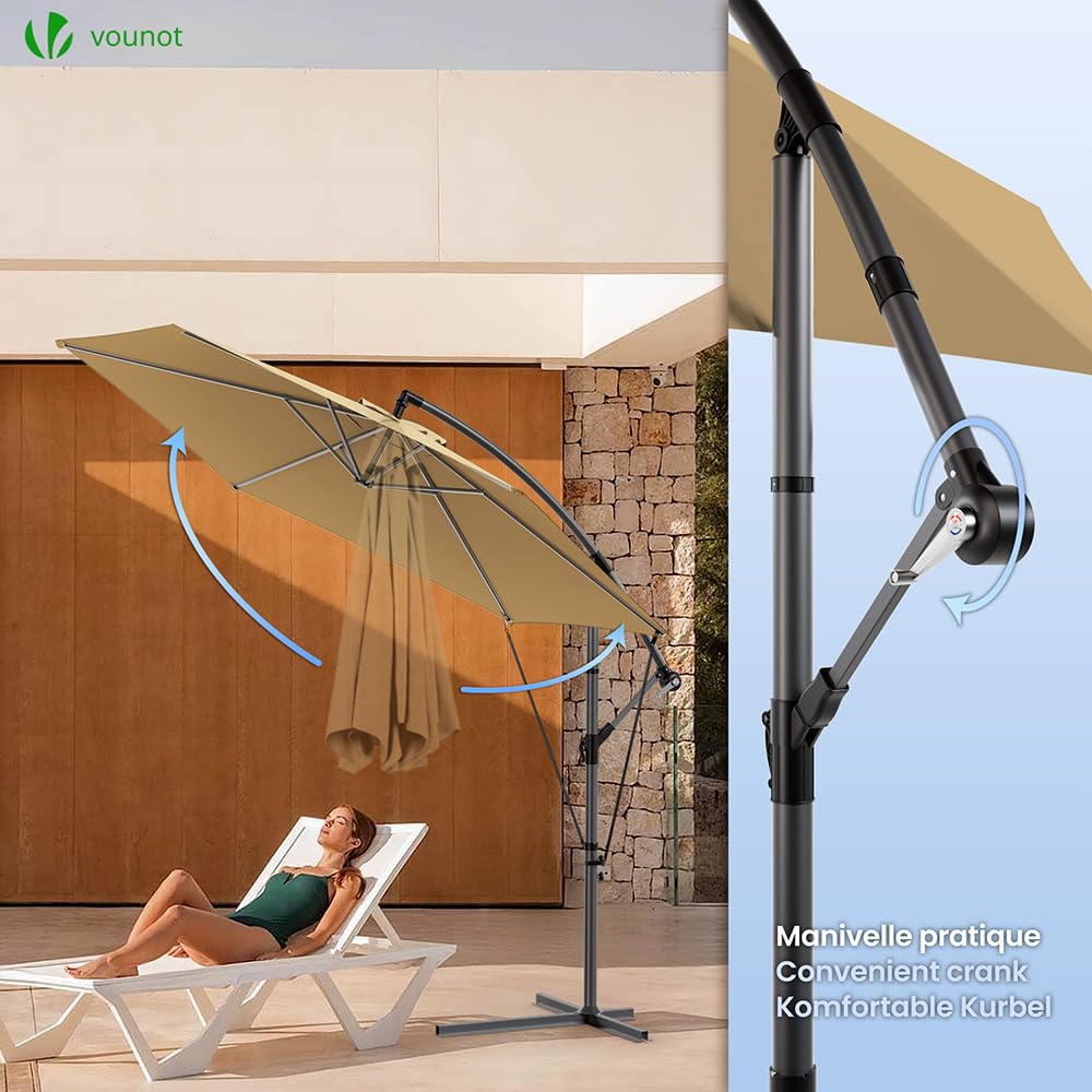 VOUNOT 3m Cantilever Garden Parasol – Tilting Banana Patio Umbrella, Khaki
