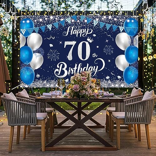 70th Birthday Banner – Blue & Silver Party Backdrop, 1.1x1.8m