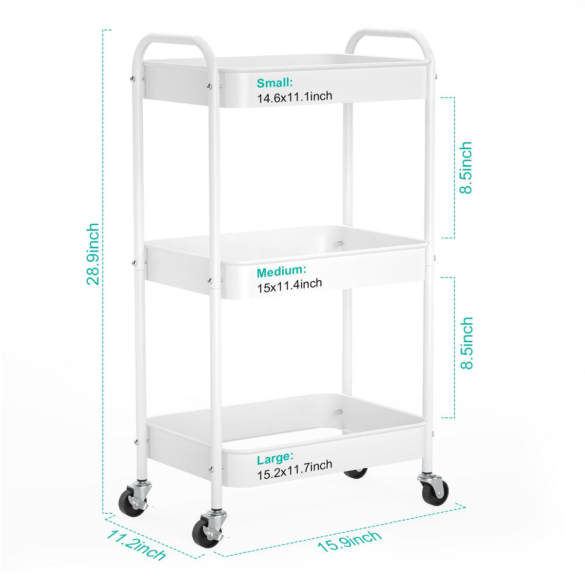 PNVXNUS 3-Tier Rolling Cart, Metal Utility Storage Carts with Wheels,White - image 2