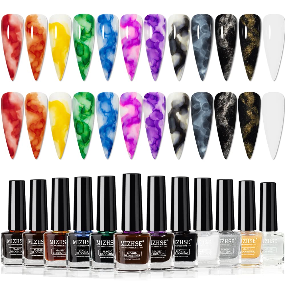 MIZHSE 12 Color Blooming Gel Nail Polish Set | Marble Watercolor Ink Kit