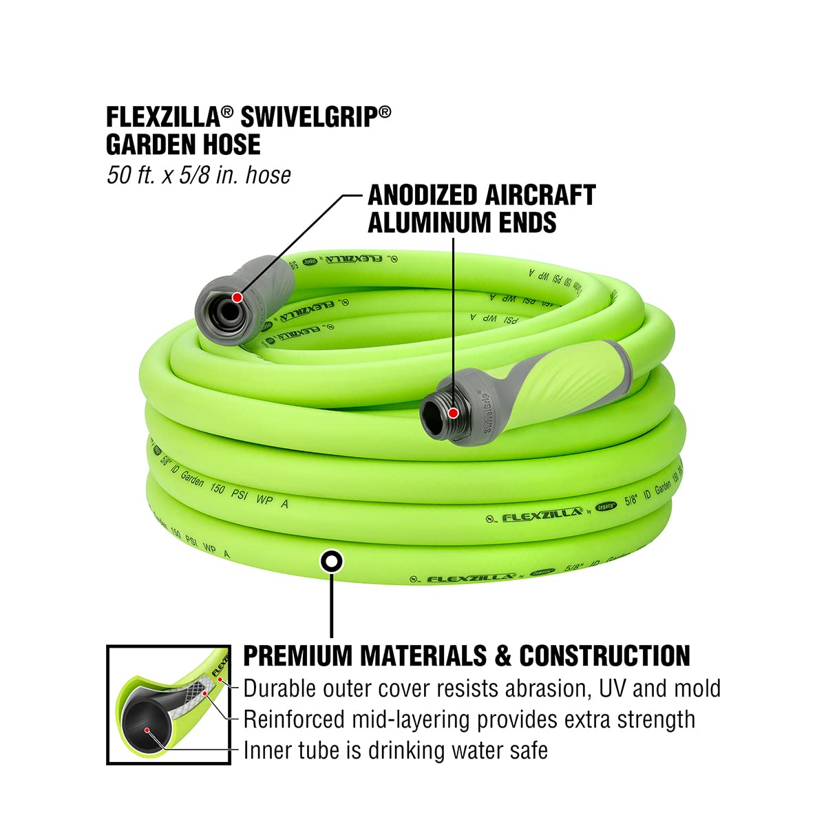 Flexzilla Garden Hose with SwivelGrip | 5/8 in. x 50 ft. | ZillaGreen