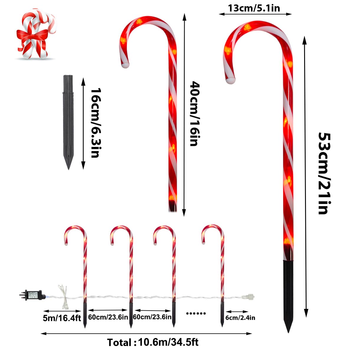 10-Pack Candy Cane Christmas Lights – 21in Waterproof Path Decor