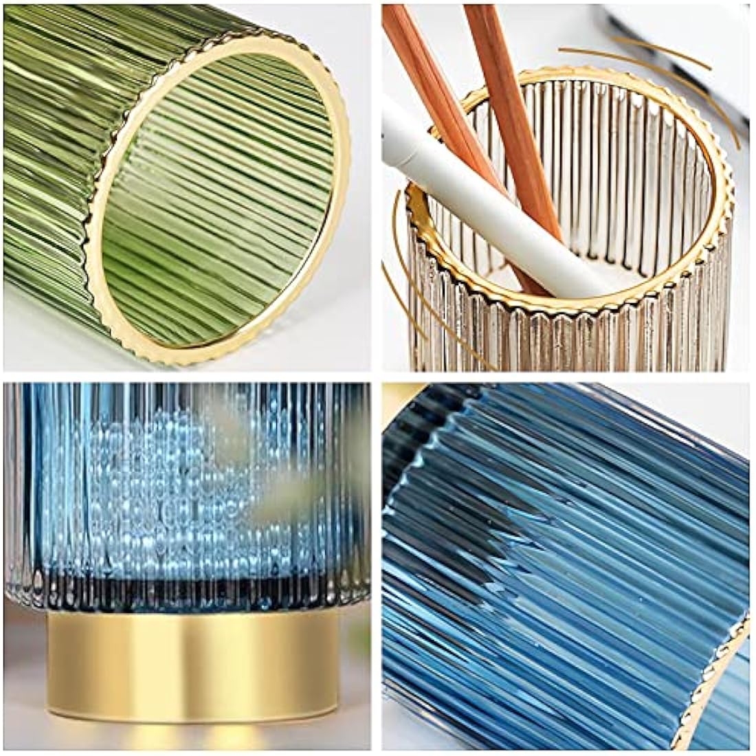 DASITON Glass Makeup Brush Holder – Vintage Striped Cosmetic Organizer, Green