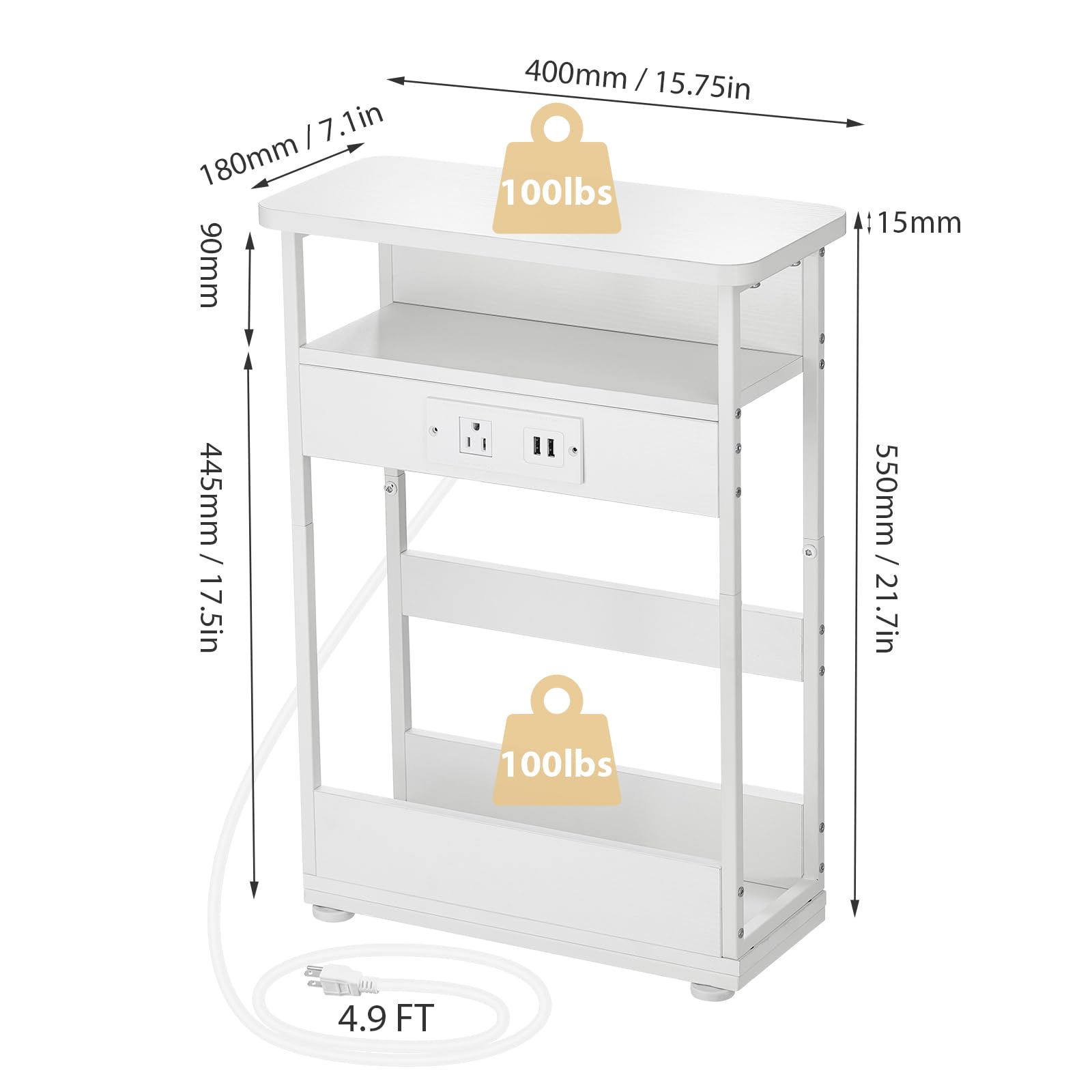YEAKOO Narrow Side Table with Charging Station | 3-Tier Slim Nightstand