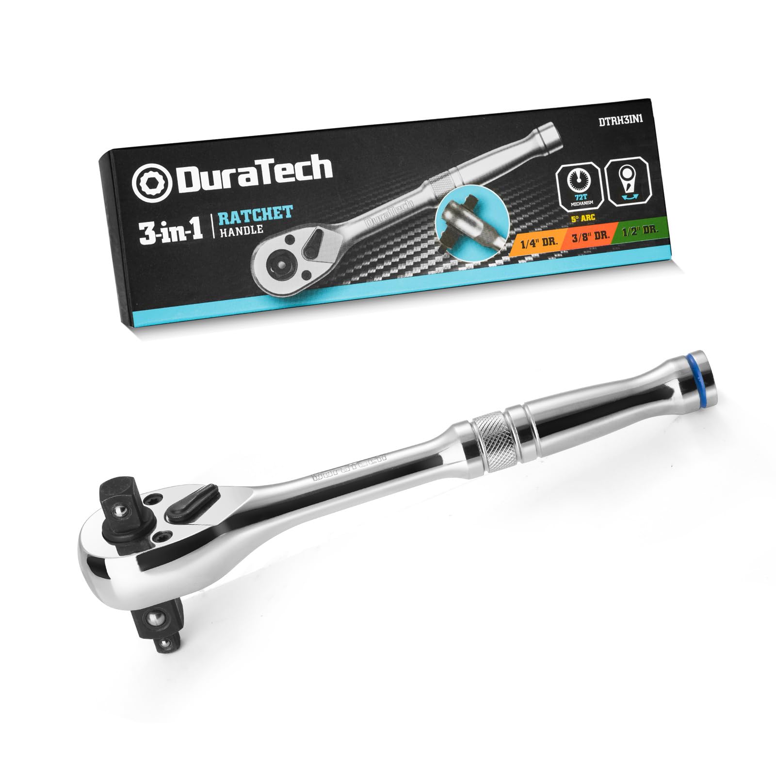 DURATECH 3-in-1 Ratchet Handle | 1/4, 3/8, 1/2 Drive 72-Tooth Wrench