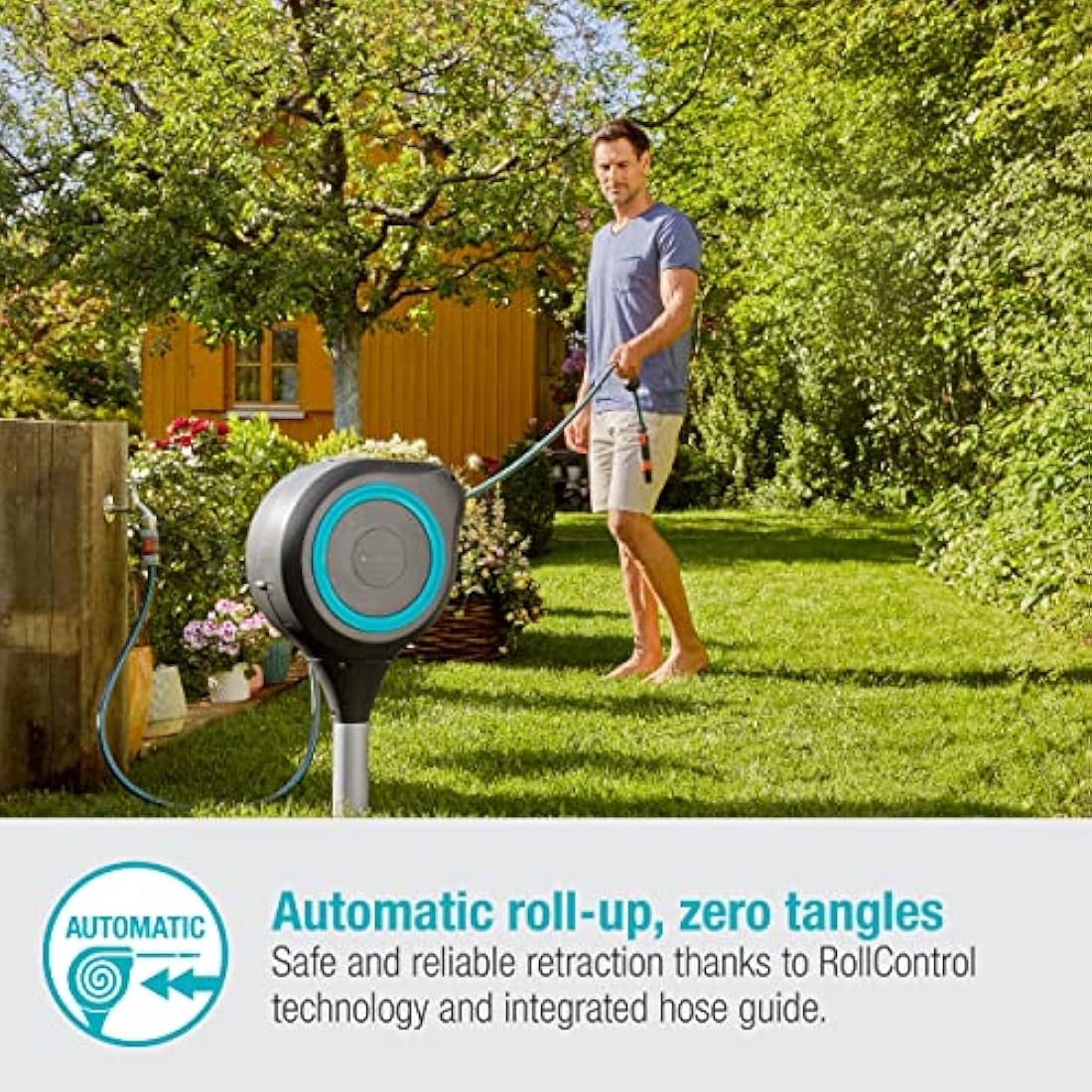 Gardena RollUp M Retractable Garden Hose Box | 20m Swivel Reel
