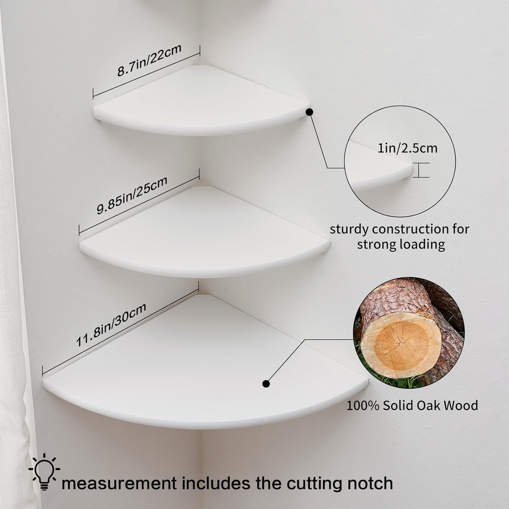 Gieanoo White Oak Floating Corner Shelves - Set of 3 Solid Wood Wall Mount