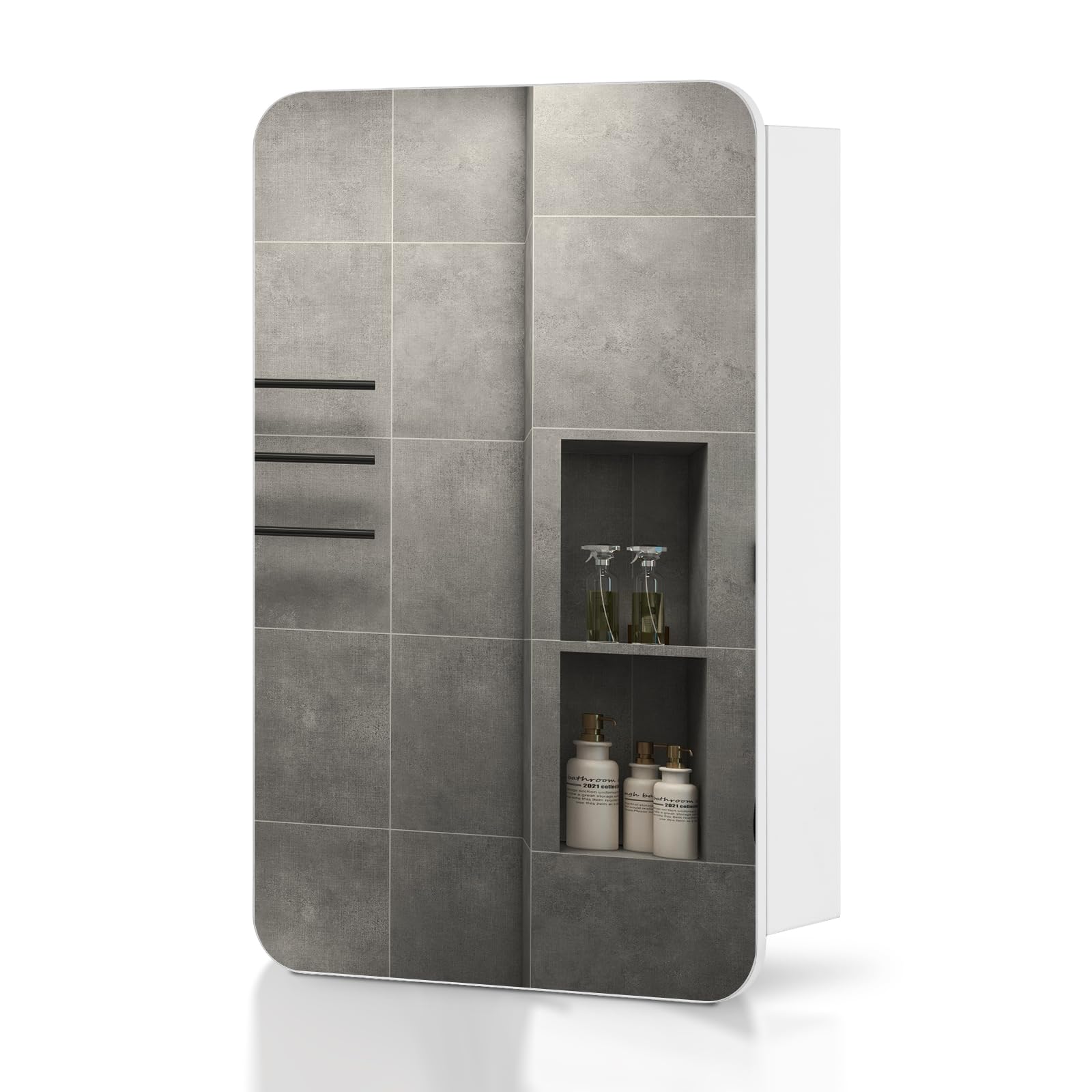 TUKAILAi White Wall Mounted Bathroom Mirror Cabinet with 3-Tier Storage