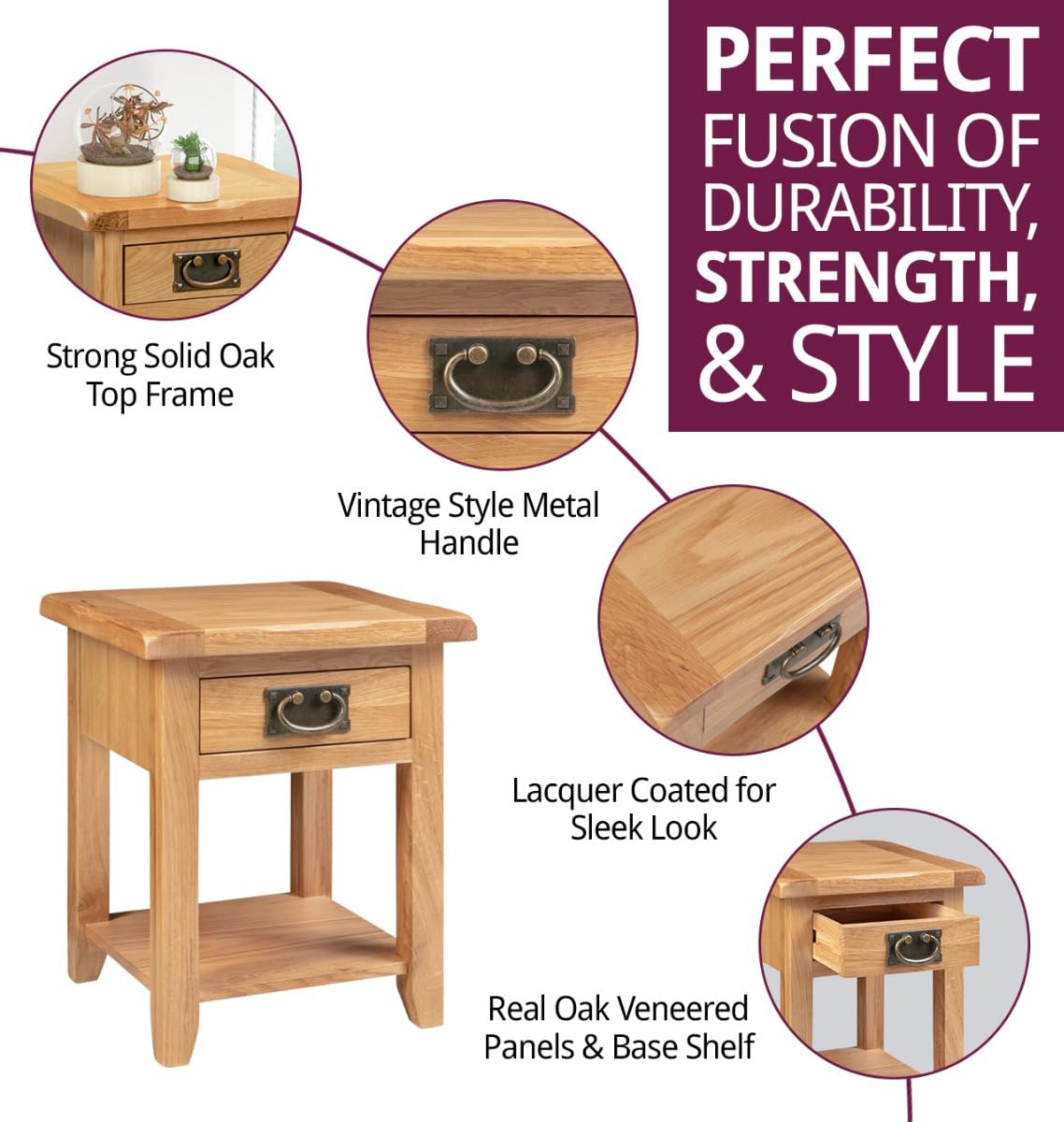 Hallowood Monchique Small Solid Oak Side Table with Drawer and Shelf