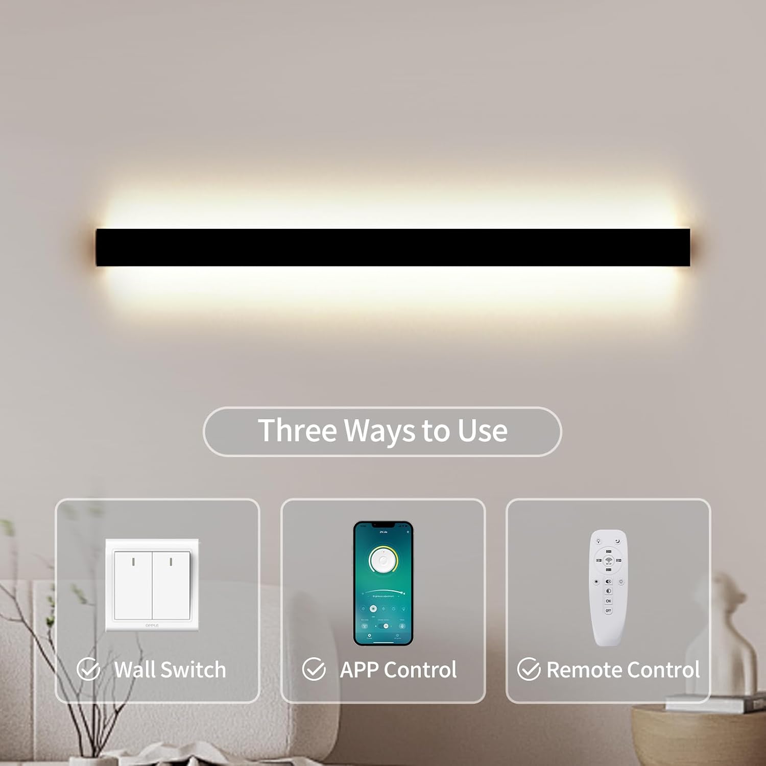 SUCIKORIO LED Wall Light – 100cm Dimmable Smart Strip Sconce | Black