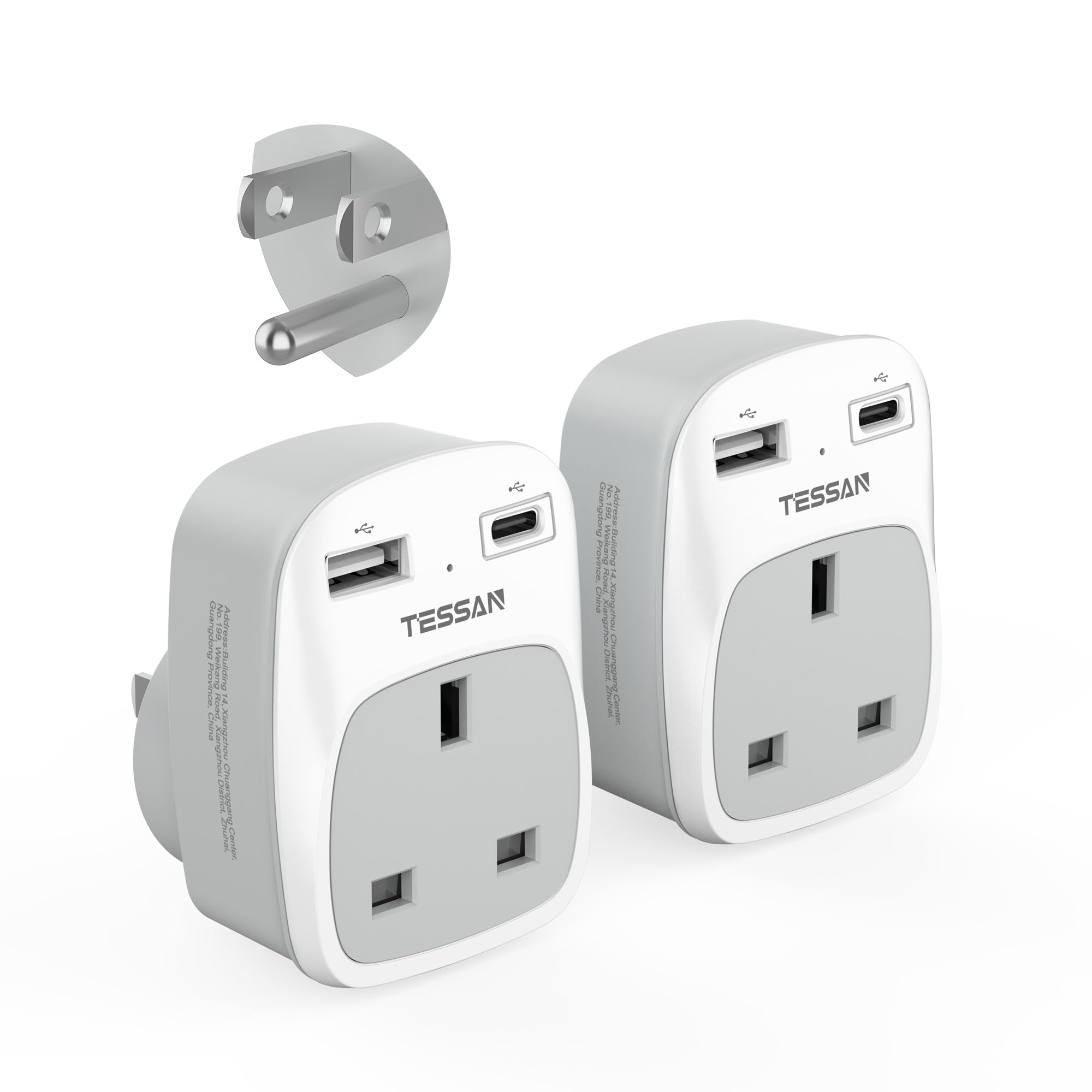 TESSAN UK to US Plug Adapter 2 Pack | Type B Travel Adaptor with USB C