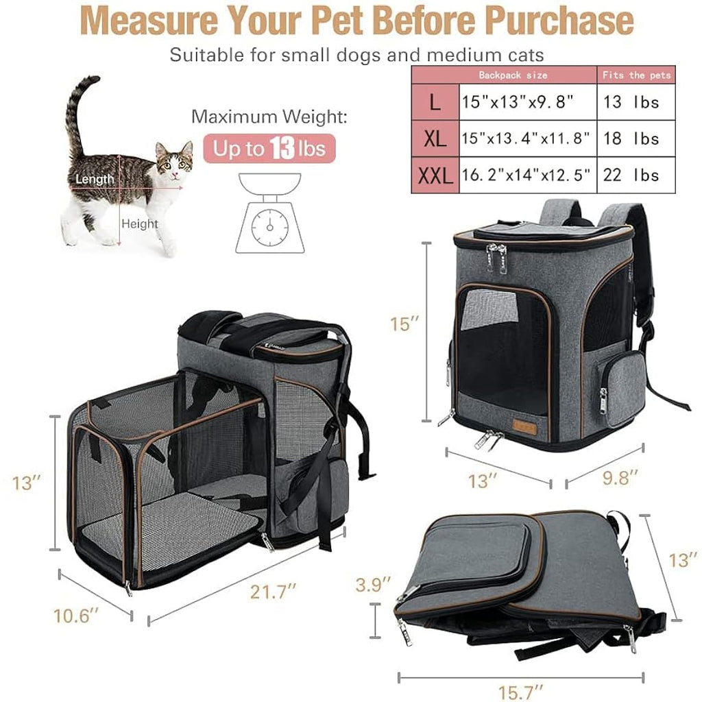 Lekereise Expandable Cat Backpack Carrier - Breathable Pet Travel Bag, Grey