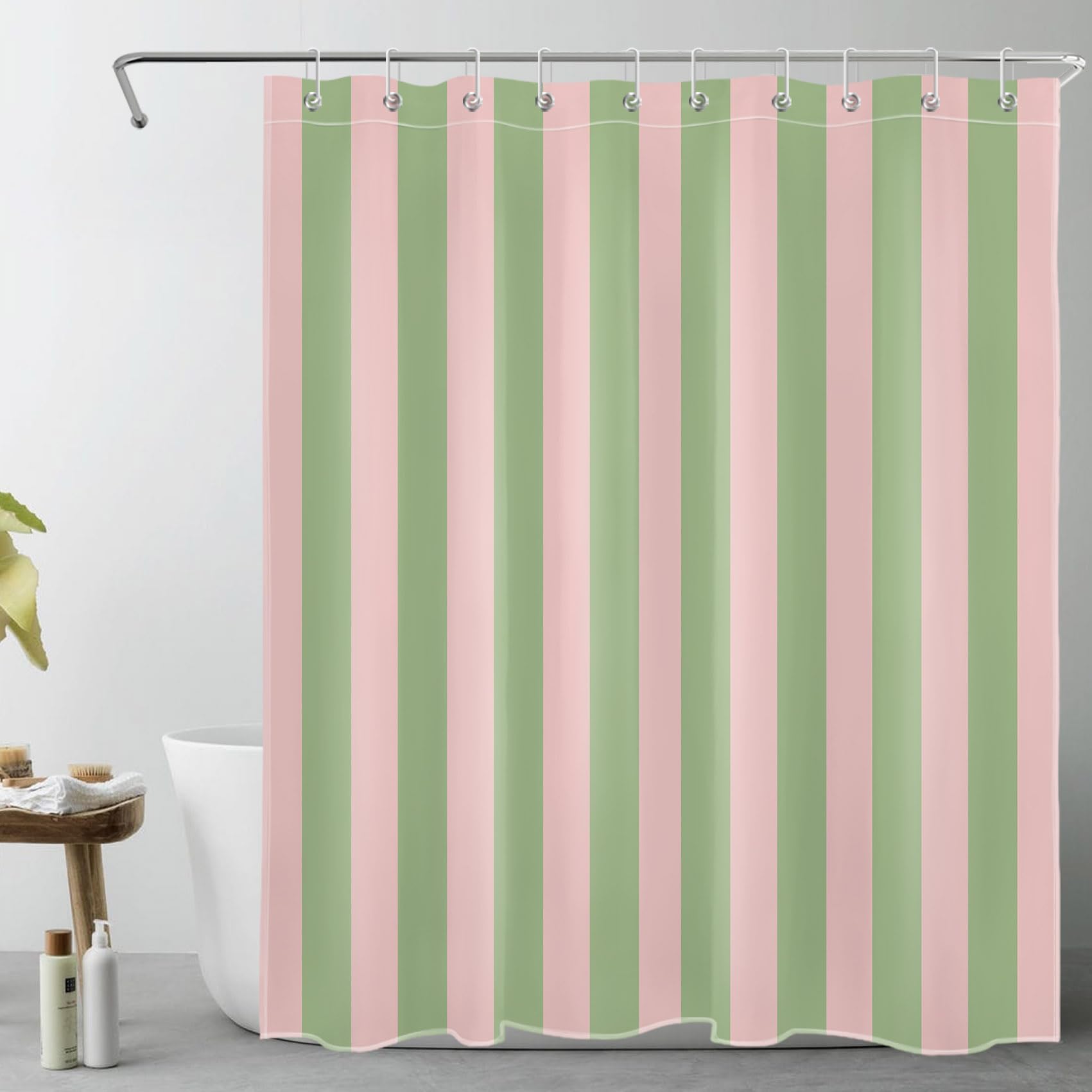 LB Green and Pink Striped Shower Curtain | Waterproof Polyester Art