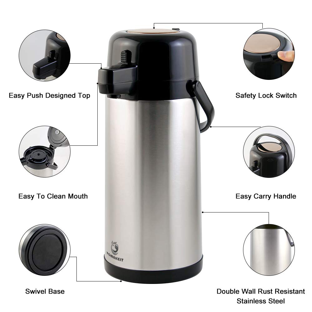 TOMAKEIT 2.5L Thermal Coffee Airpot – Glass Lined Vacuum Carafe
