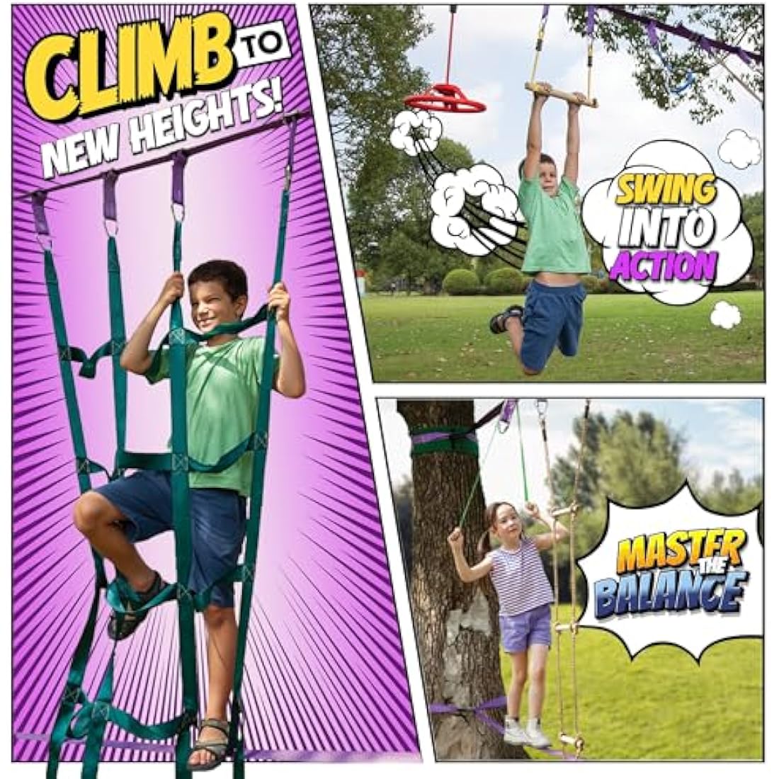 Ninja Warrior Obstacle Course - 55ft Slackline Kit with 10 Obstacles