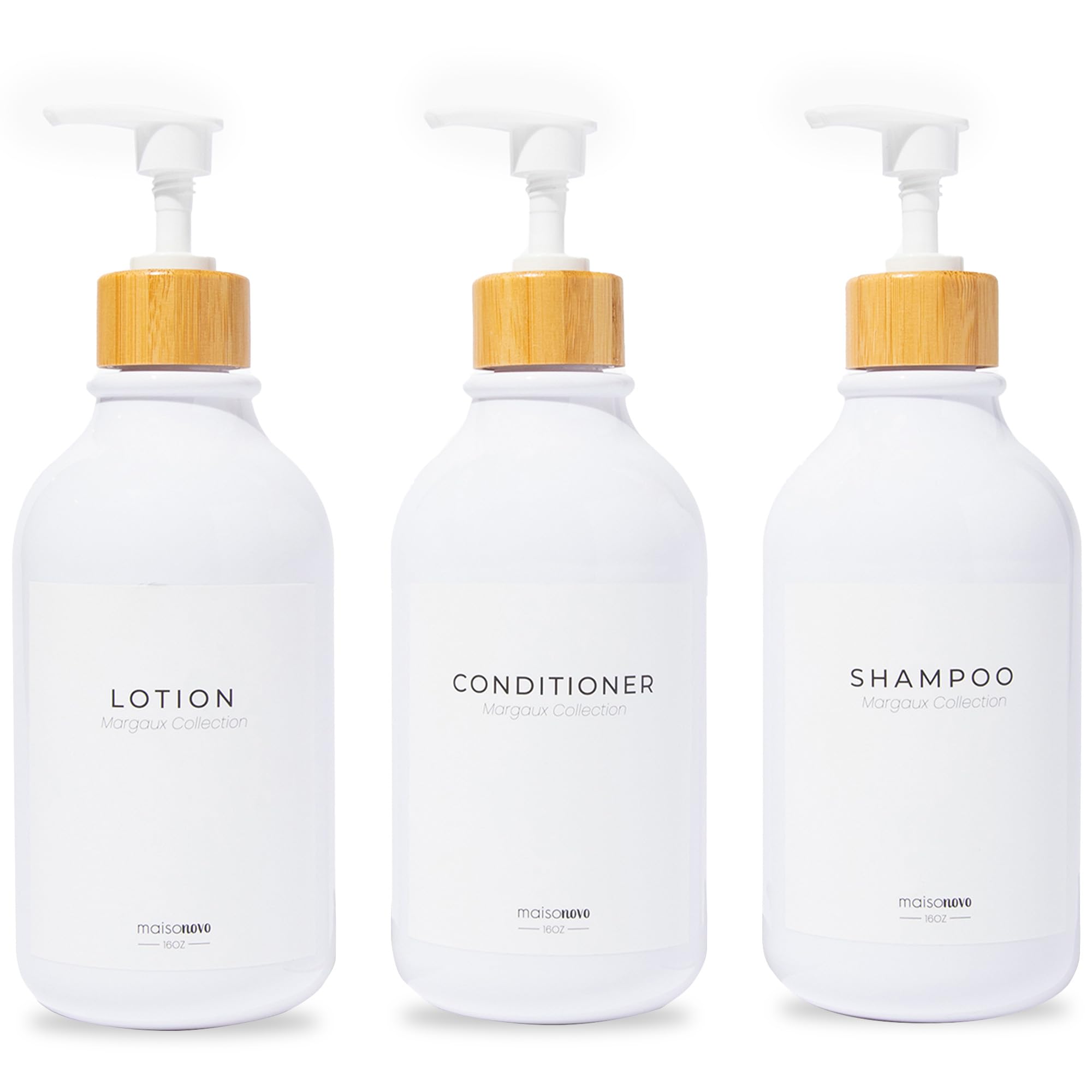MaisoNovo Refillable Shampoo and Conditioner Bottles - 3 Pack White Bamboo