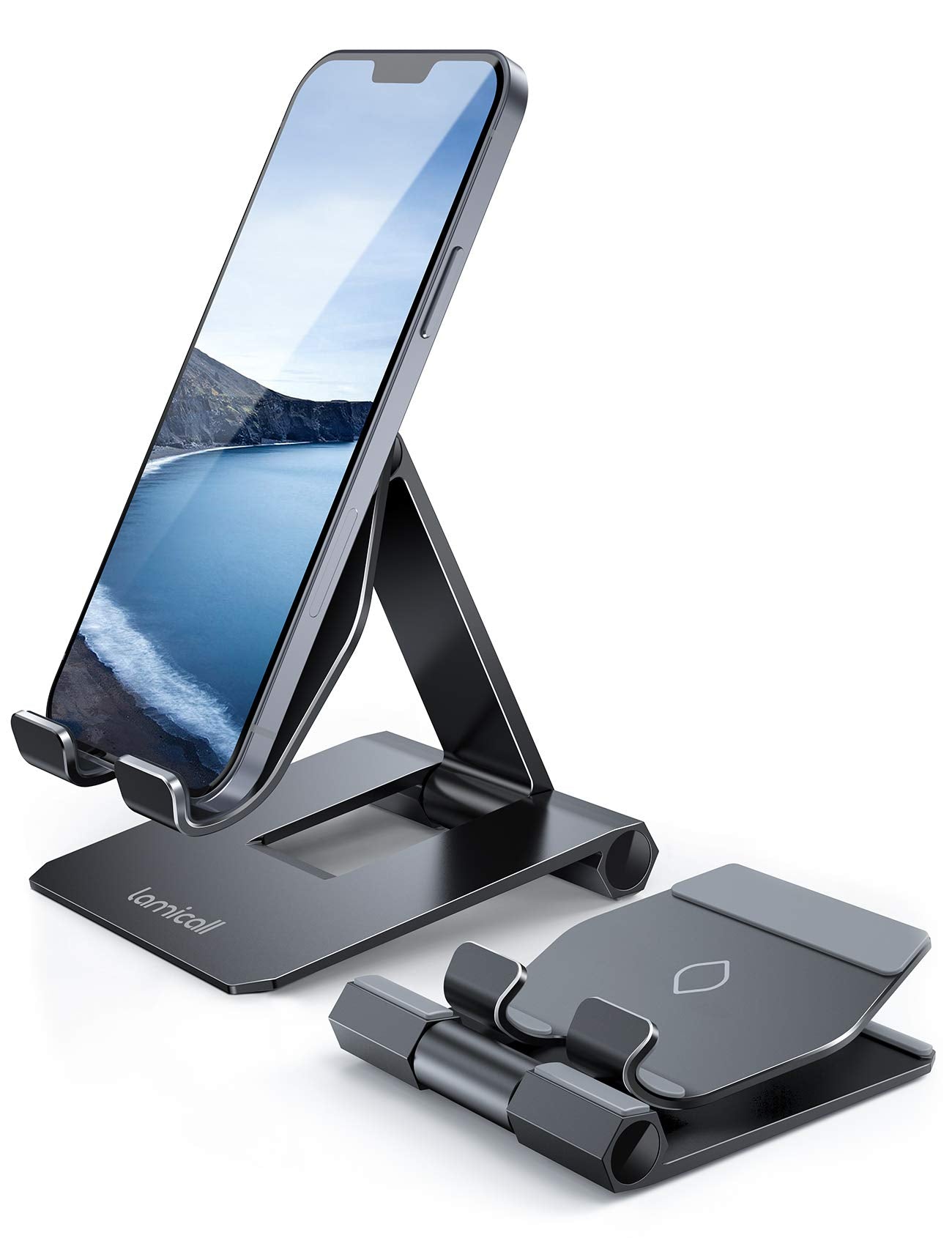 Lamicall Aluminum Phone Stand – Foldable Adjustable Desk Holder, Black