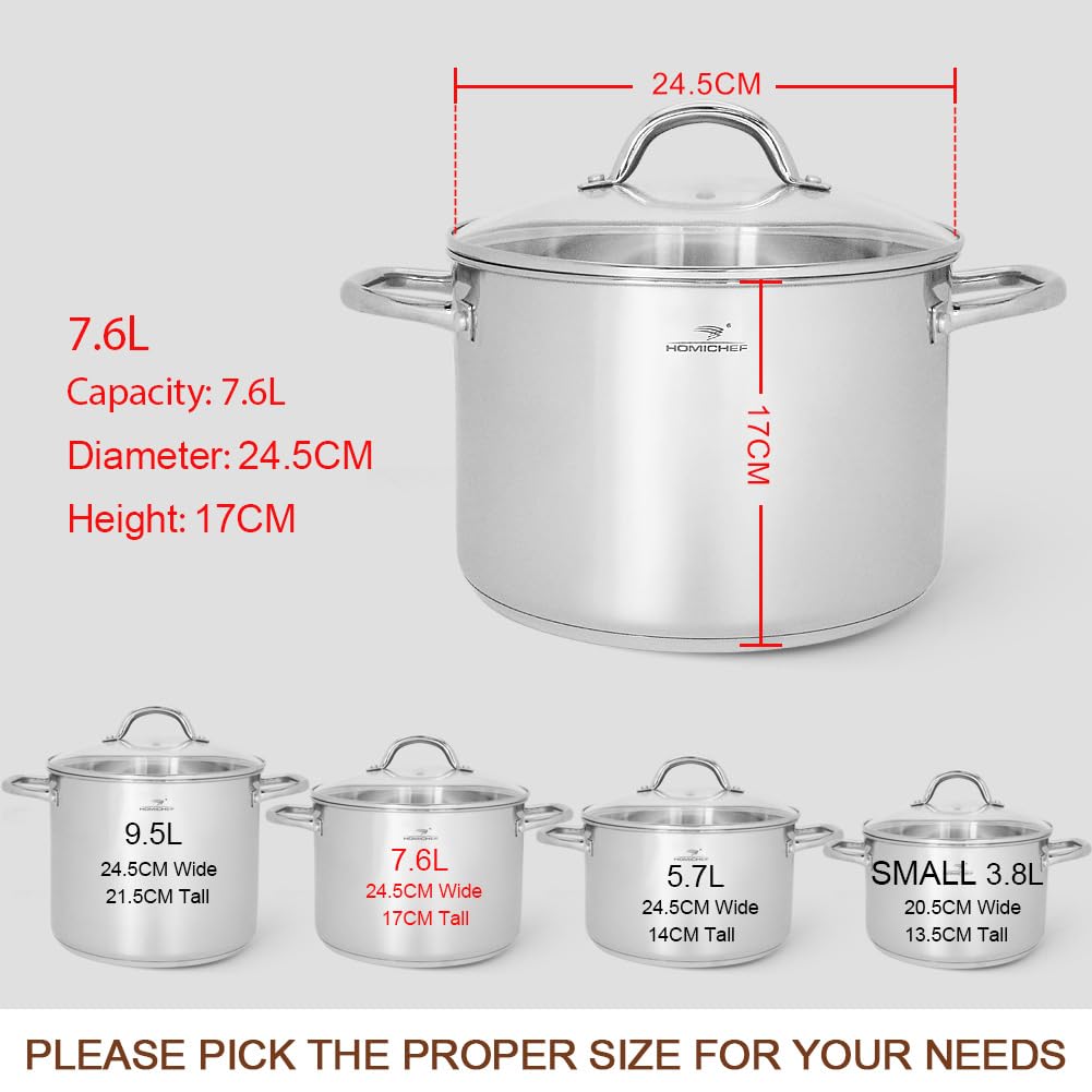 HOMICHEF Nickel Free Stainless Steel Stock Pot with Lid - 7.6L / 8 Quart