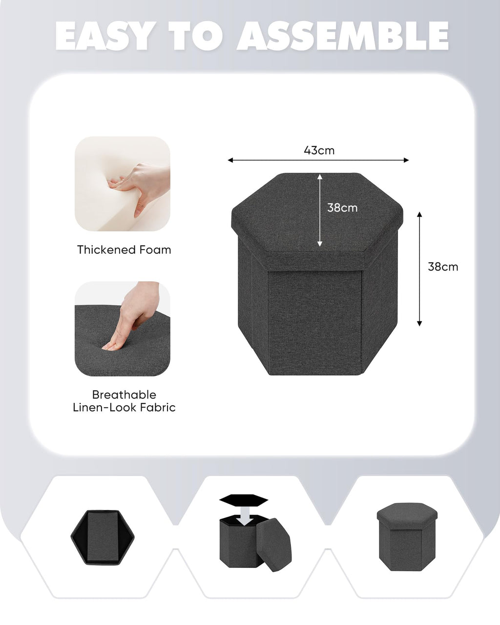 Bonlife Folding Storage Ottoman Hexagonal, Footrest with Toy Ches Box, 43cm - image 2
