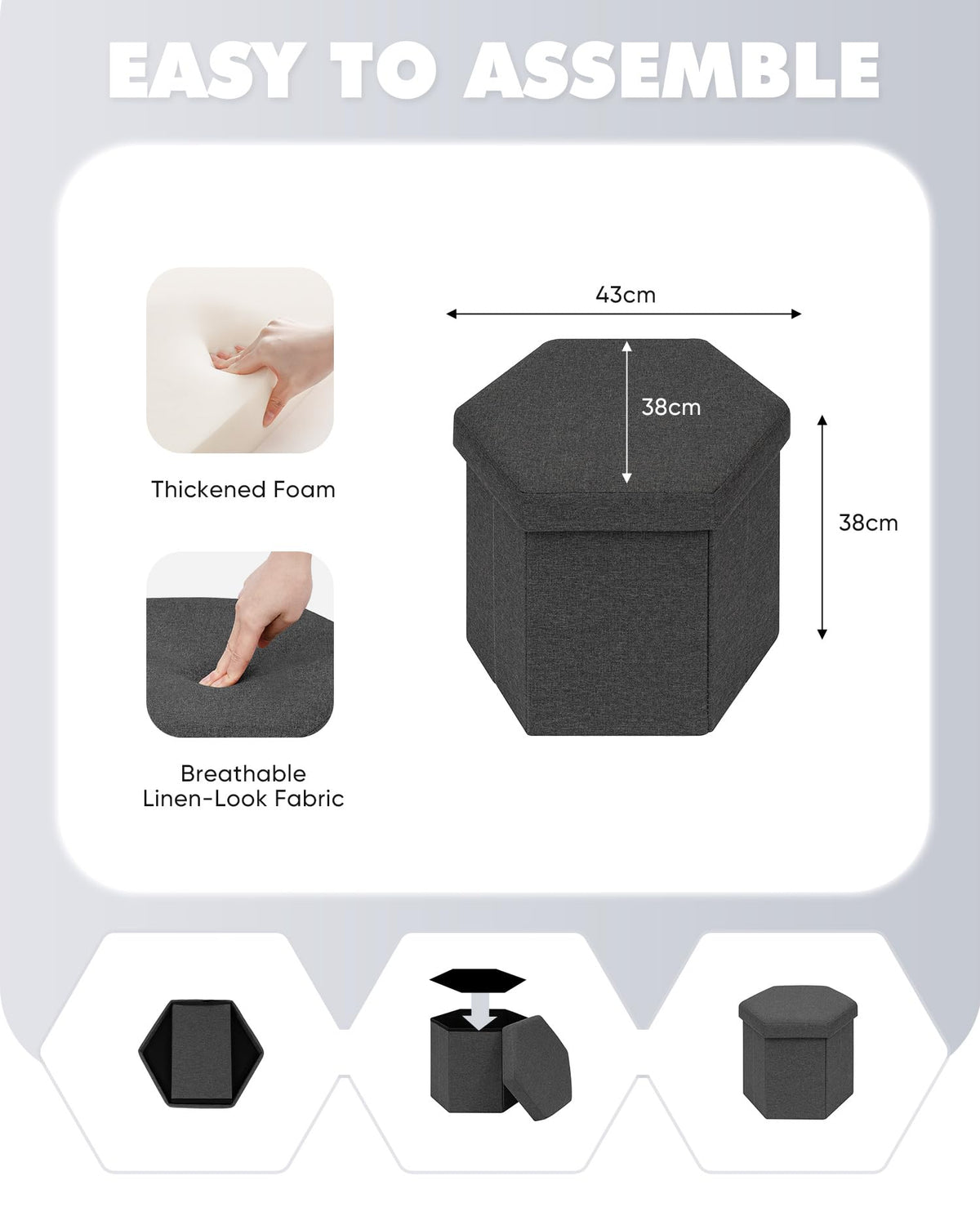 Bonlife Folding Storage Ottoman Hexagonal, Footrest with Toy Ches Box, 43cm - image 2