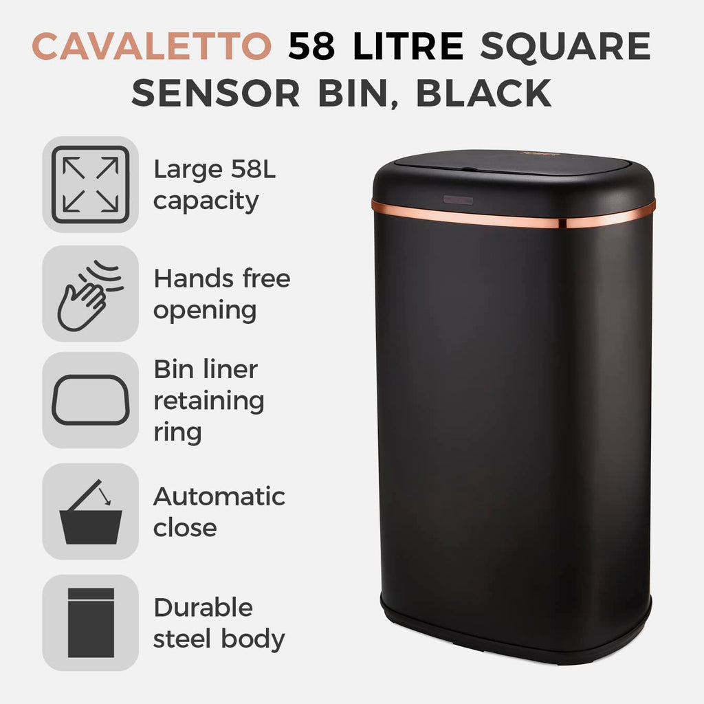 Tower Cavaletto Square Sensor Bin - 58L Large Kitchen Waste Bin, Black