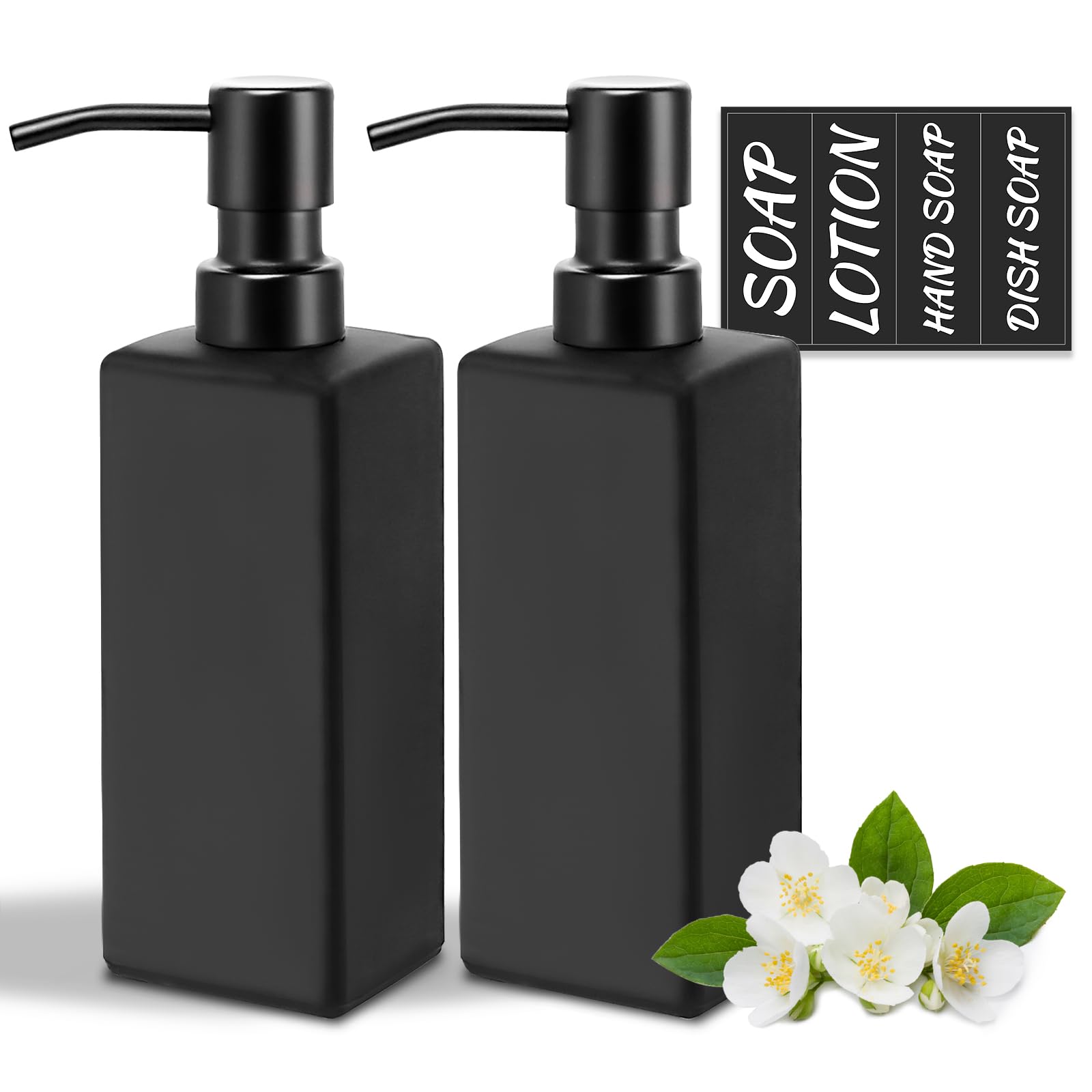 MIUSITE Matte Black Glass Soap Dispenser - 350ml Square Bottle, 2 Pack