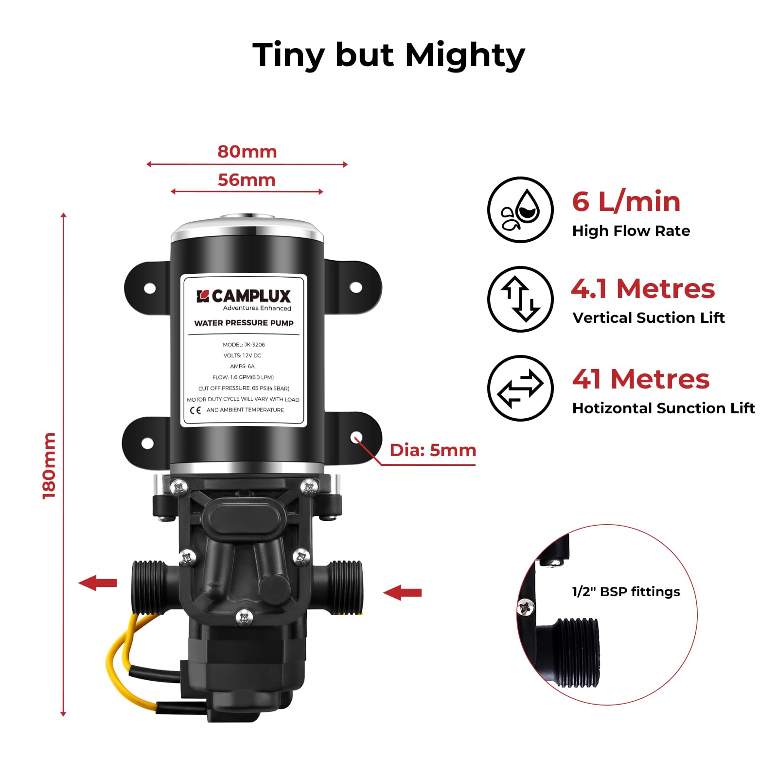 Camplux 12V High Pressure Water Pump | 6L/Min 65 PSI for Caravan & Boat