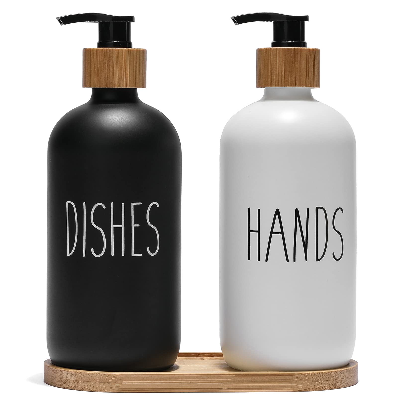 FEILANDUO Glass Soap Dispenser Set with Bamboo Pump and Tray - 2 Pack