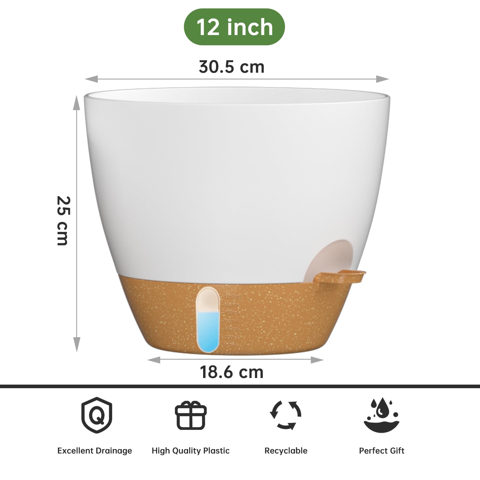 ZMTECH 30cm Self Watering Plant Pots with Drainage - Set of 2 White
