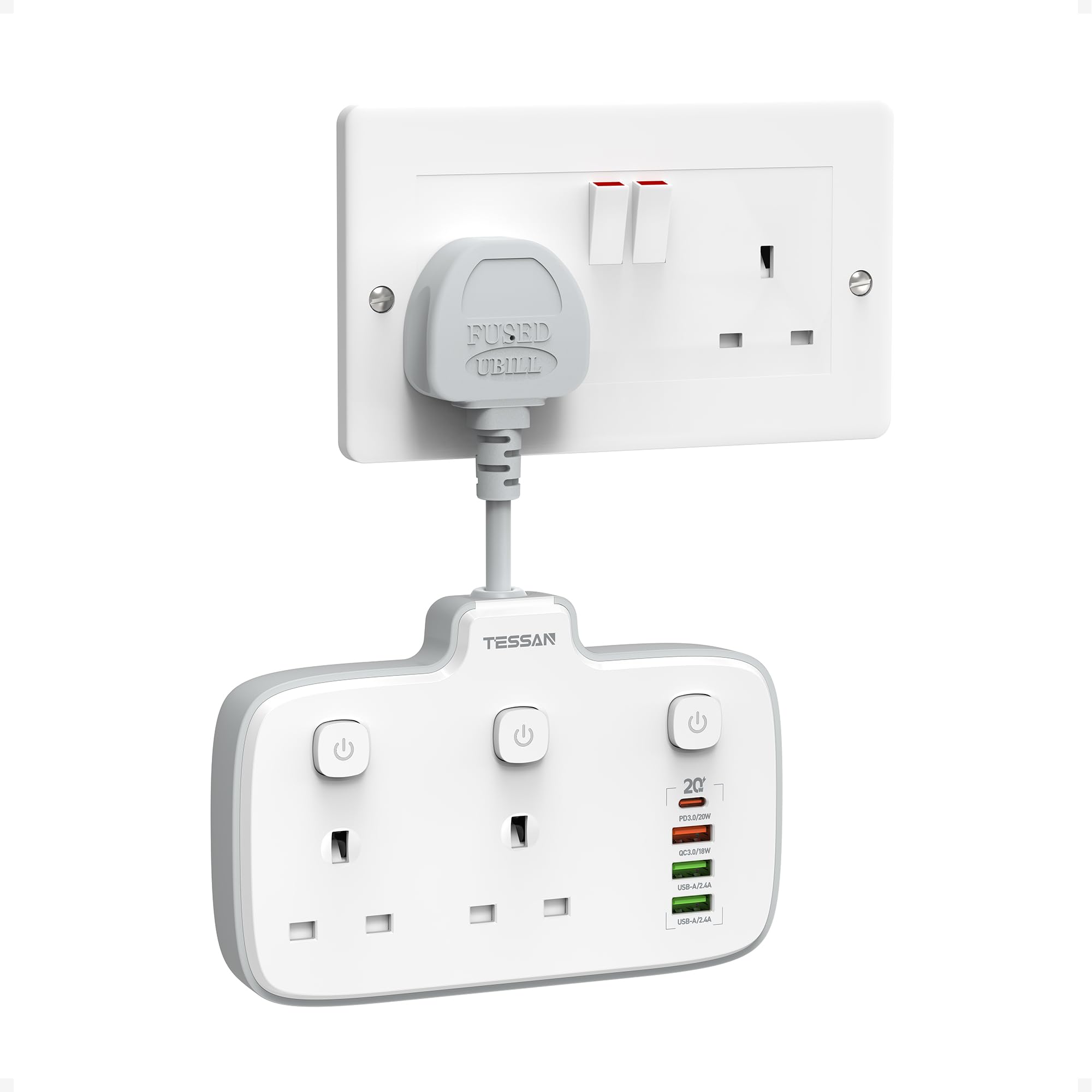 TESSAN Double Plug Adapter UK with 20W USB C PD and Independent Switches