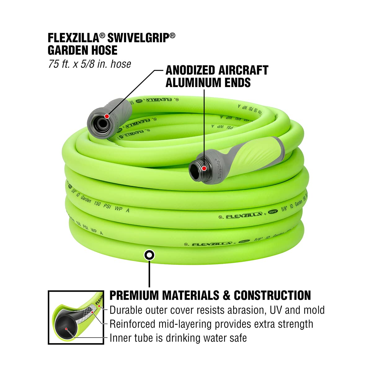 Flexzilla Garden Hose with SwivelGrip – 5/8 in. x 75 ft. Heavy Duty