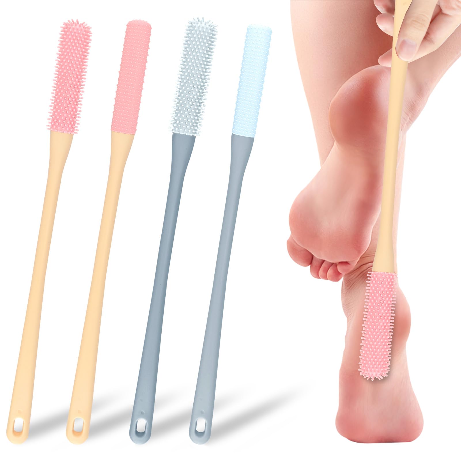 4-Pack Long Handle Silicone Foot Scrubber and Toe Brush Set