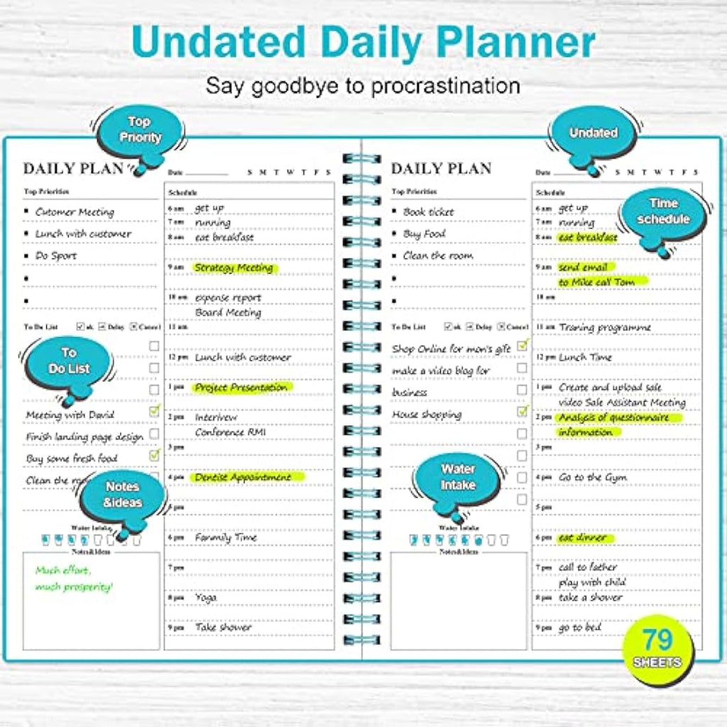 Undated Daily Planner | Hourly Task Organizer - Blue PVC