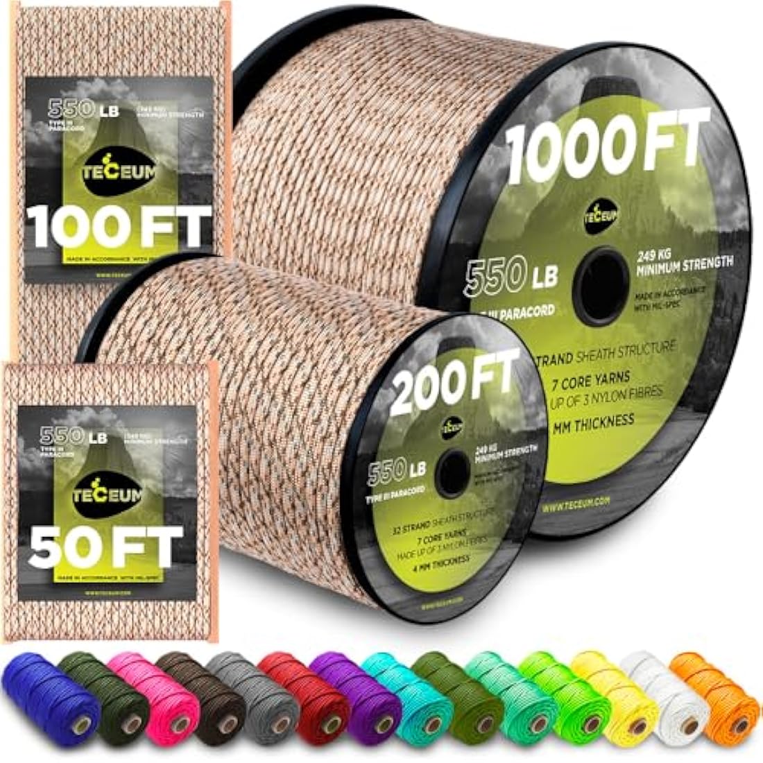 TECEUM 550lb Paracord – 4mm Nylon Tactical Rope for Survival and Camping