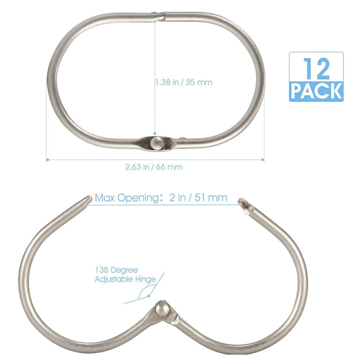 Goowin Shower Curtain Hooks, 12 Pcs Shower Curtain Rings Rust Proof Metal Oval Rings Clasp Closed Shower Curtain Rings for Bathroom Shower Rods - image 5