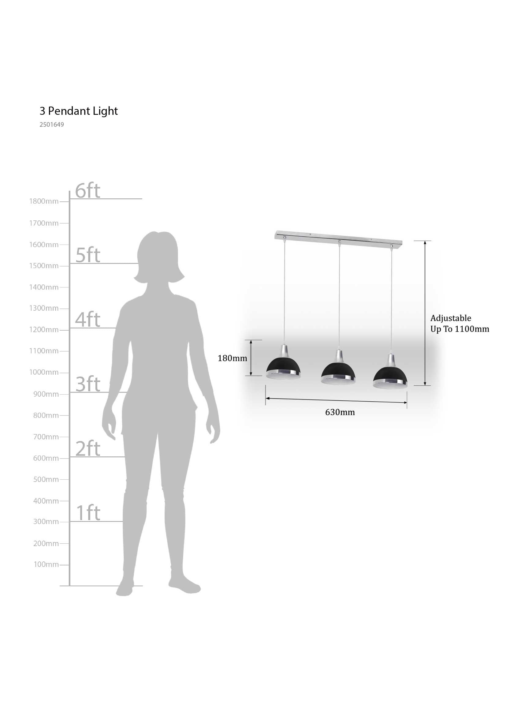 Premier Housewares 3-Light Pendant Ceiling Light - Black Metal Shades