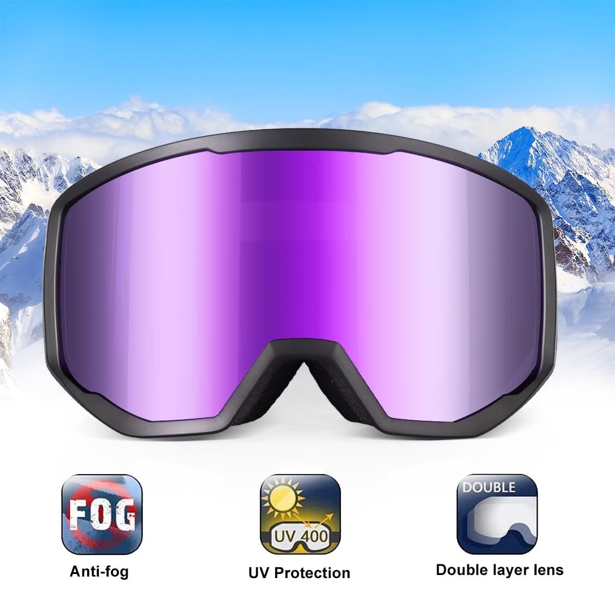 EXP VISION Ski Goggles | OTG Anti-Fog Snowboard Goggles - Purple Lens