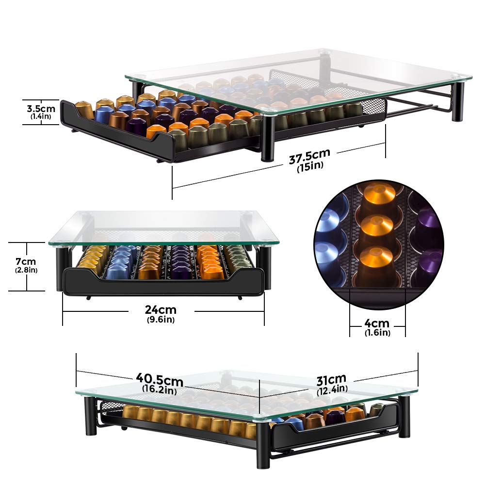 MASTERTOP Coffee Pod Holder – 60 Capsule Storage Drawer with Tempered Glass