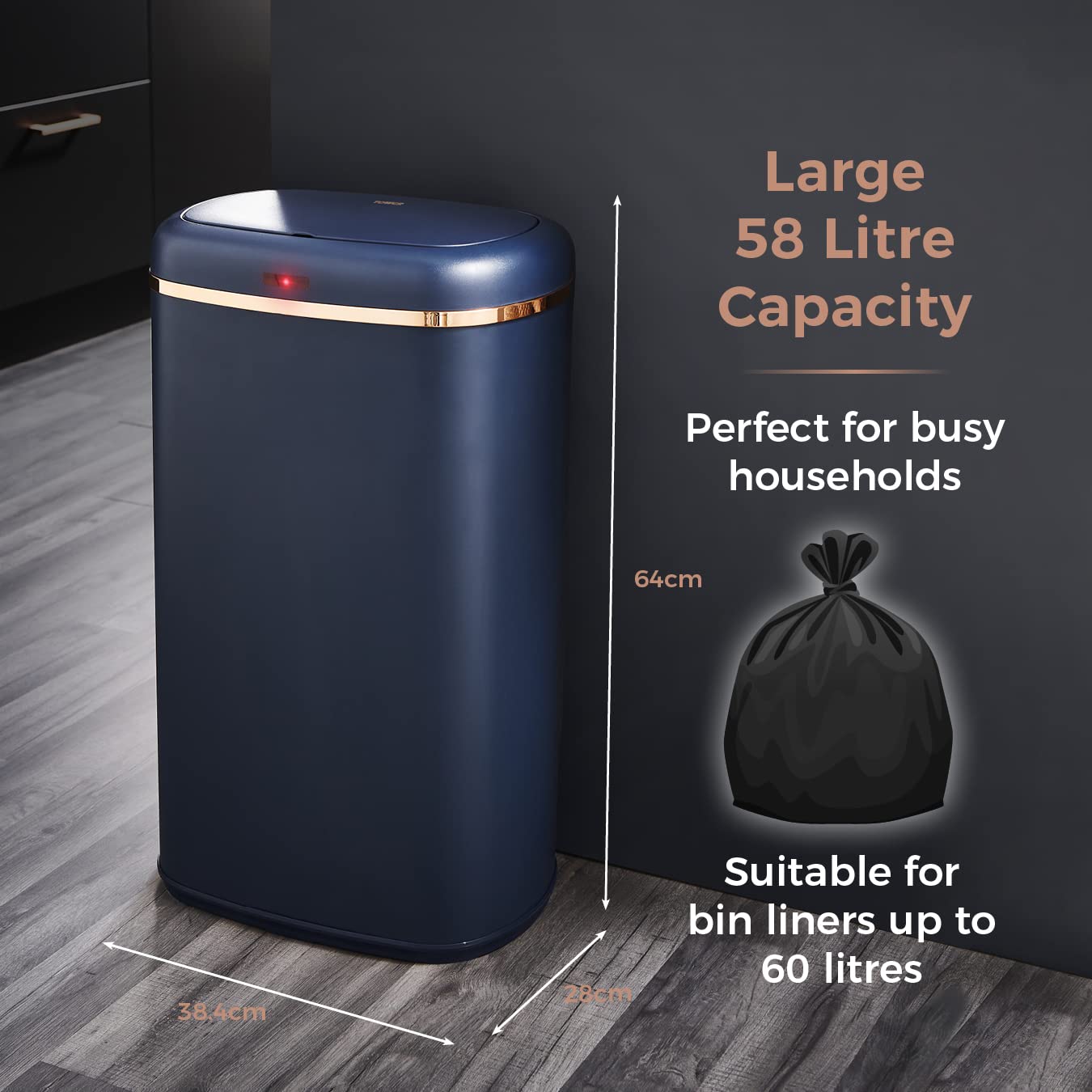Tower Cavaletto 58L Square Sensor Bin – Midnight Blue & Rose Gold