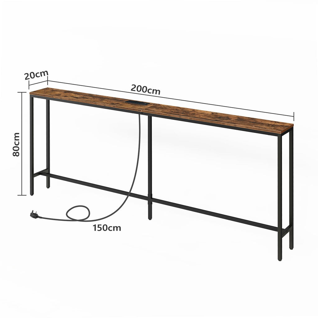 MAHANCRIS 200cm Narrow Console Table with Power Outlet | Industrial Brown