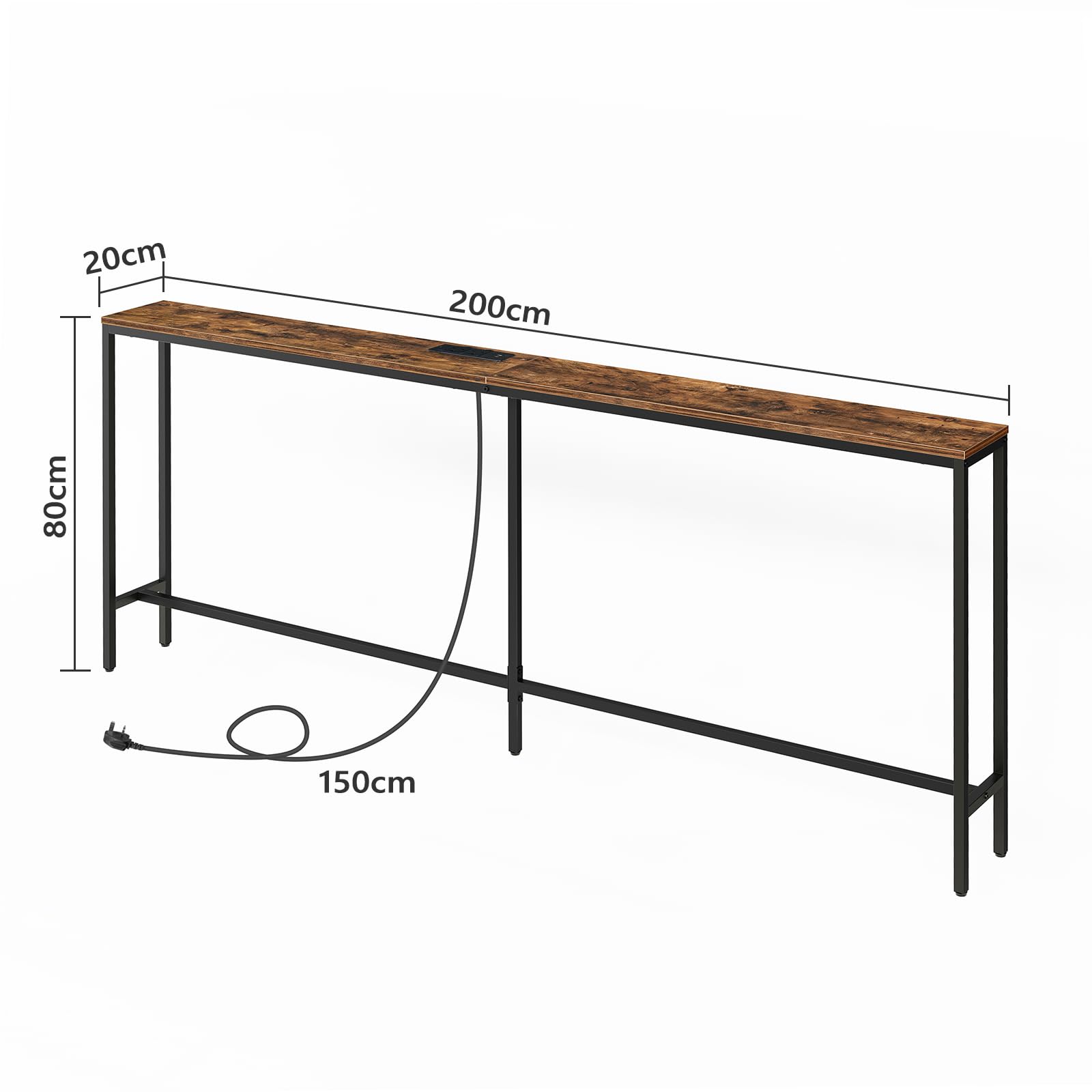 MAHANCRIS 200cm Narrow Console Table with Power Outlet | Industrial Brown