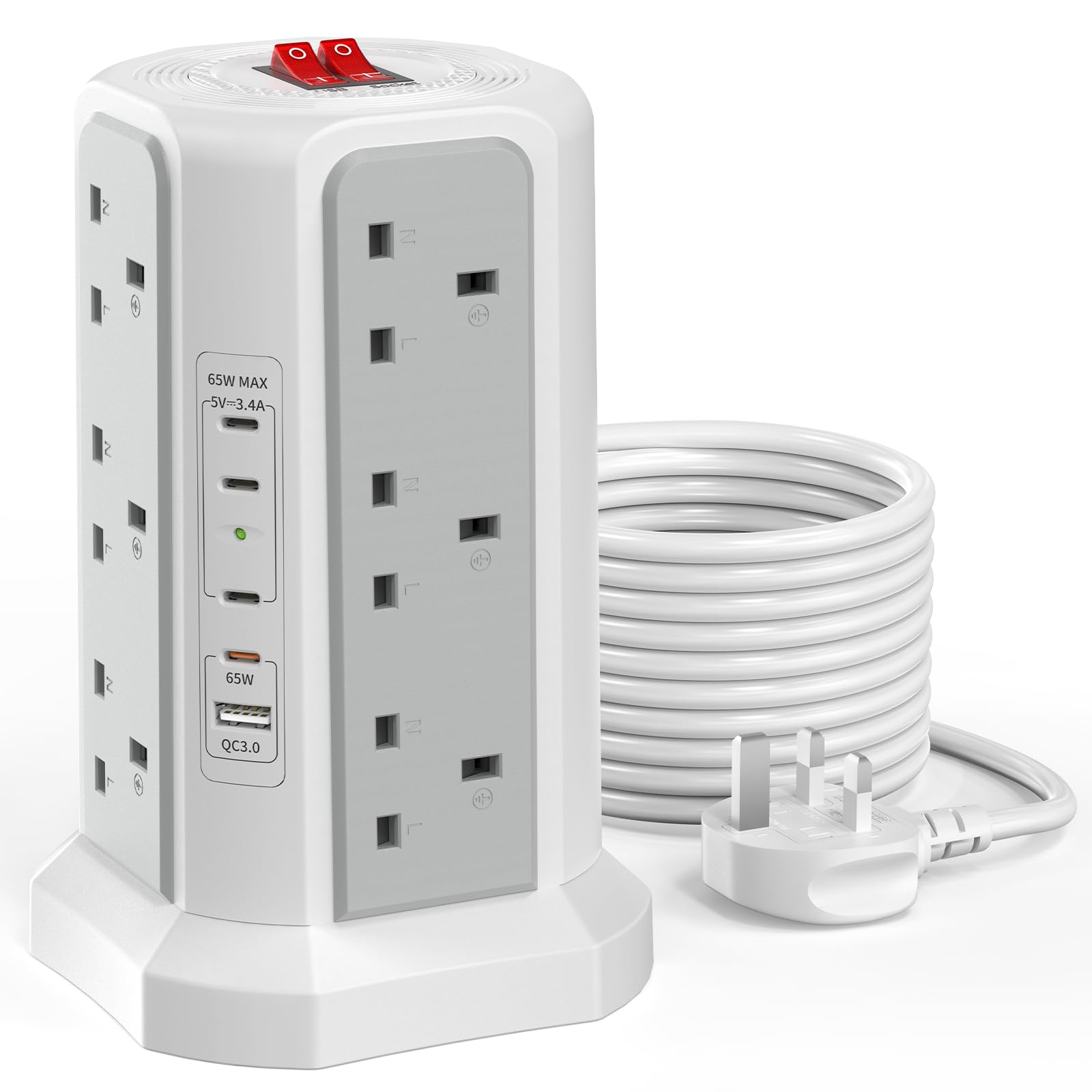 Jolof Store 12-Way Surge Protected Extension Tower | 65W USB-C PD | 3M