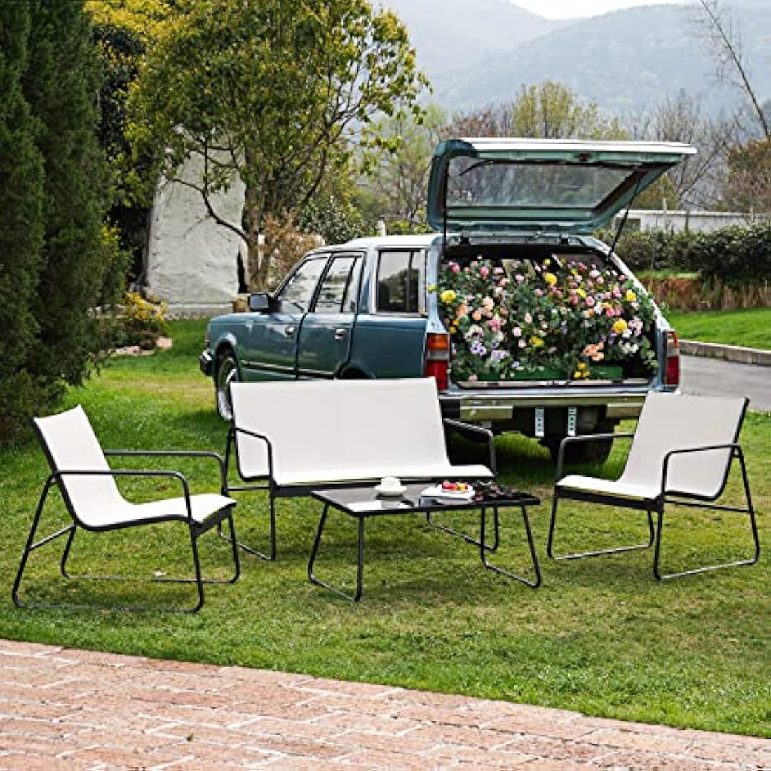 Jolof Store 4-Piece Patio Conversation Set – Mesh Outdoor Furniture, Beige