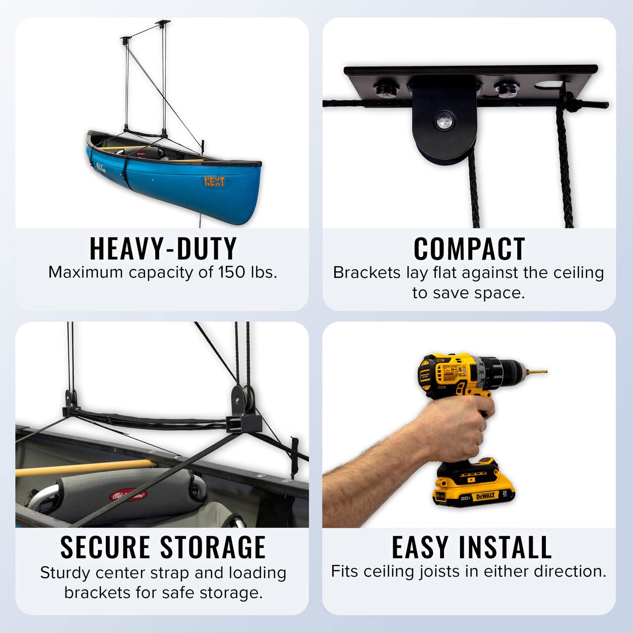 StoreYourBoard Kayak & Canoe Ceiling Pulley System | 150lb Garage Hoist