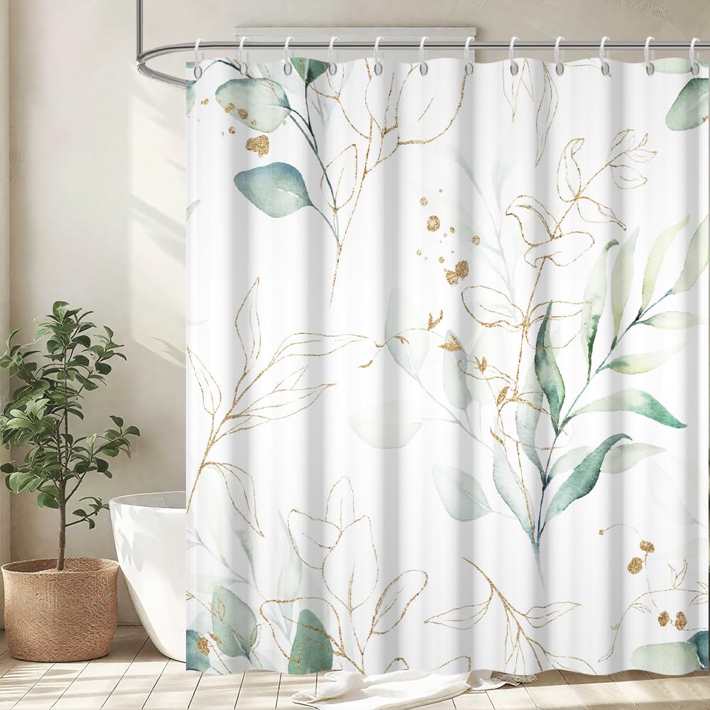 Uiiooazy Eucalyptus Shower Curtain – Sage Green & Gold Waterproof Fabric
