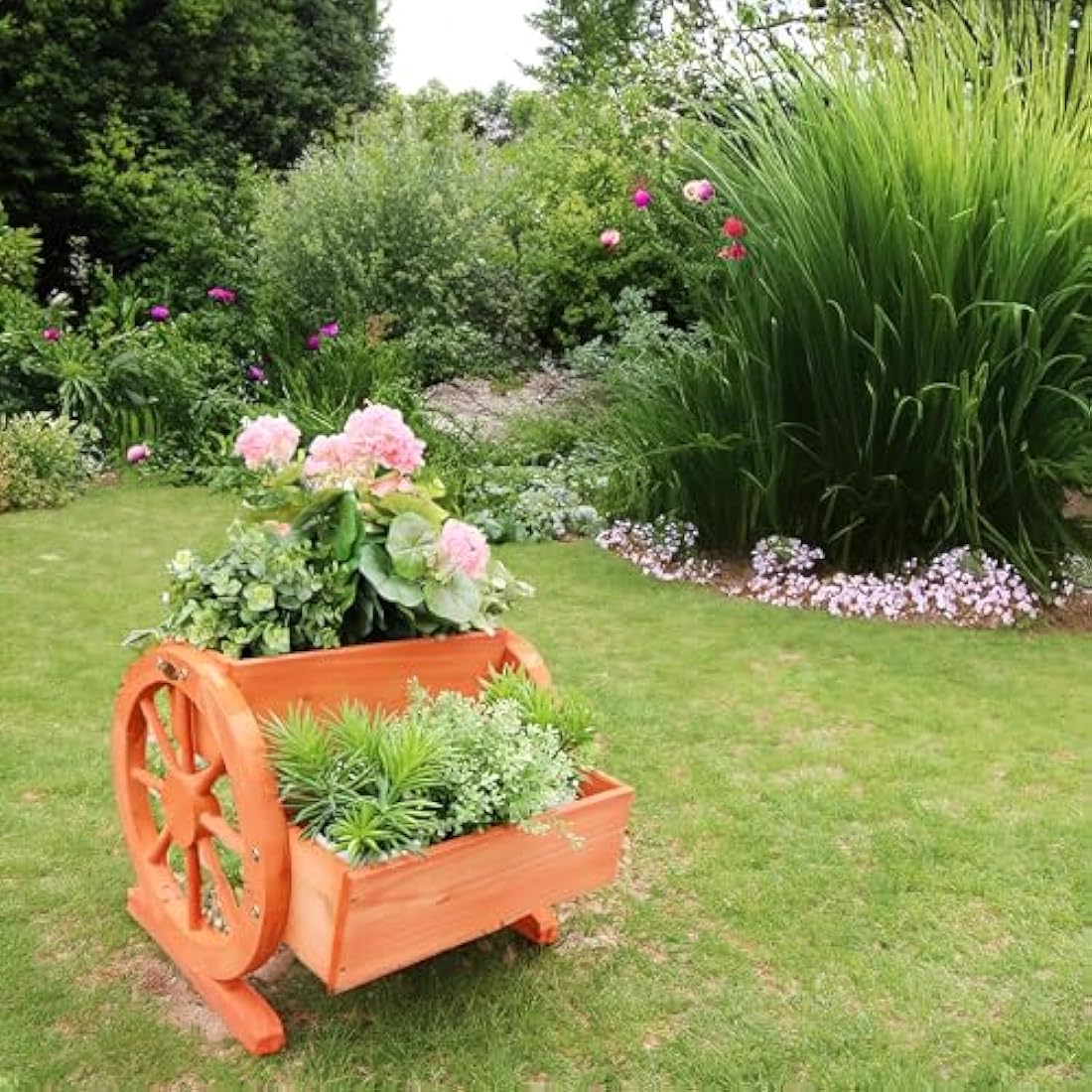Habau Wooden Wagon Wheel Flower Box – Solid Pine Herb Planter