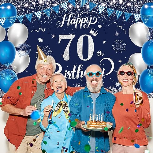 70th Birthday Banner – Blue & Silver Party Backdrop, 1.1x1.8m