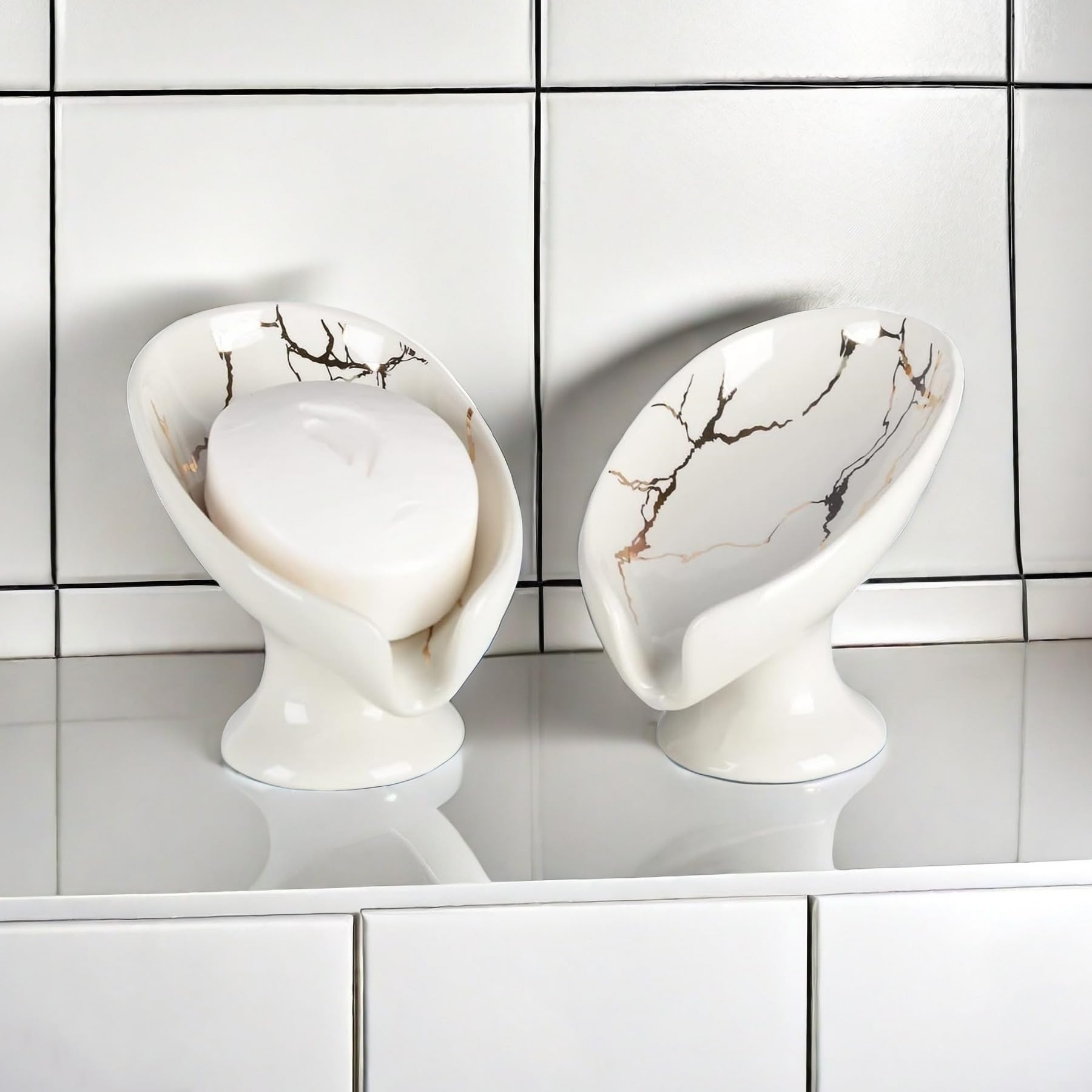 Umlaca Ceramic Self-Draining Soap Dish – Leaf Shape Holder, White 2-Pack