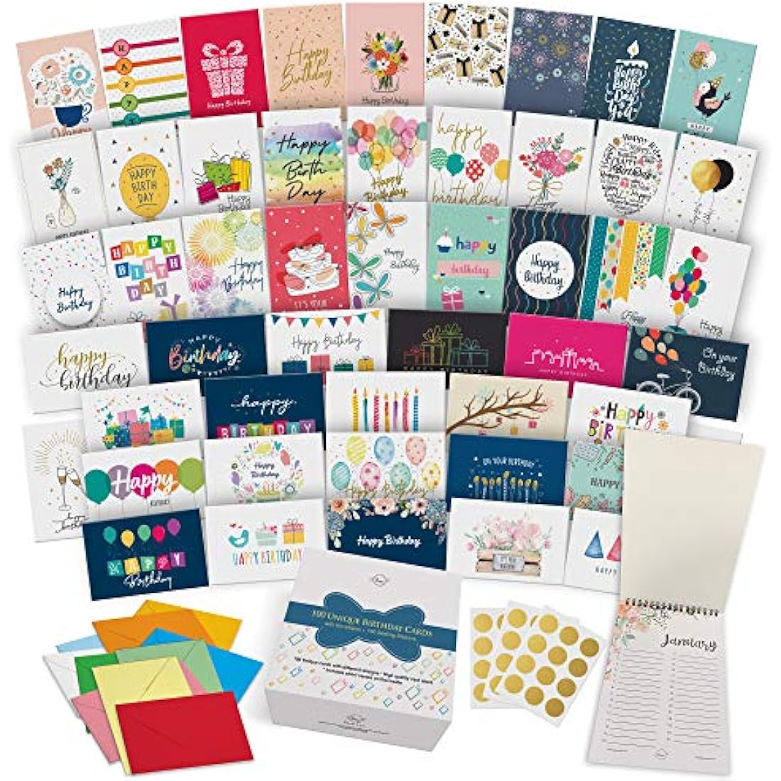 Dessie 100 Bulk Birthday Cards Assortment with Envelopes and Calendar