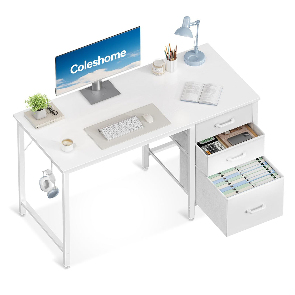 Coleshome Computer Desk with Drawers, 100cm Office Desk with Storage, White - image 1